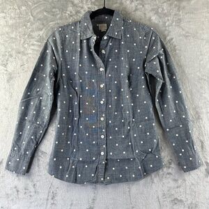 J. Crew Button Up Top Women’s XXS Chambray w/ White Polka Dot Details.